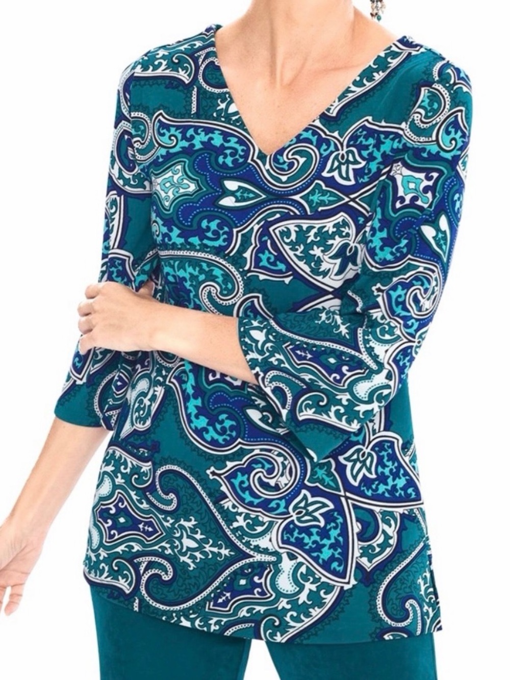 NWT Chico's Travelers Tunic sz 3 Teal and Navy Paisley V-Neck Tunic women XL 16